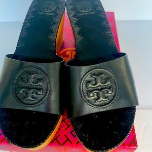 Tory Burch Pattye 80mm Wooden Wedge Slide Black Leather Size 8 Authentic